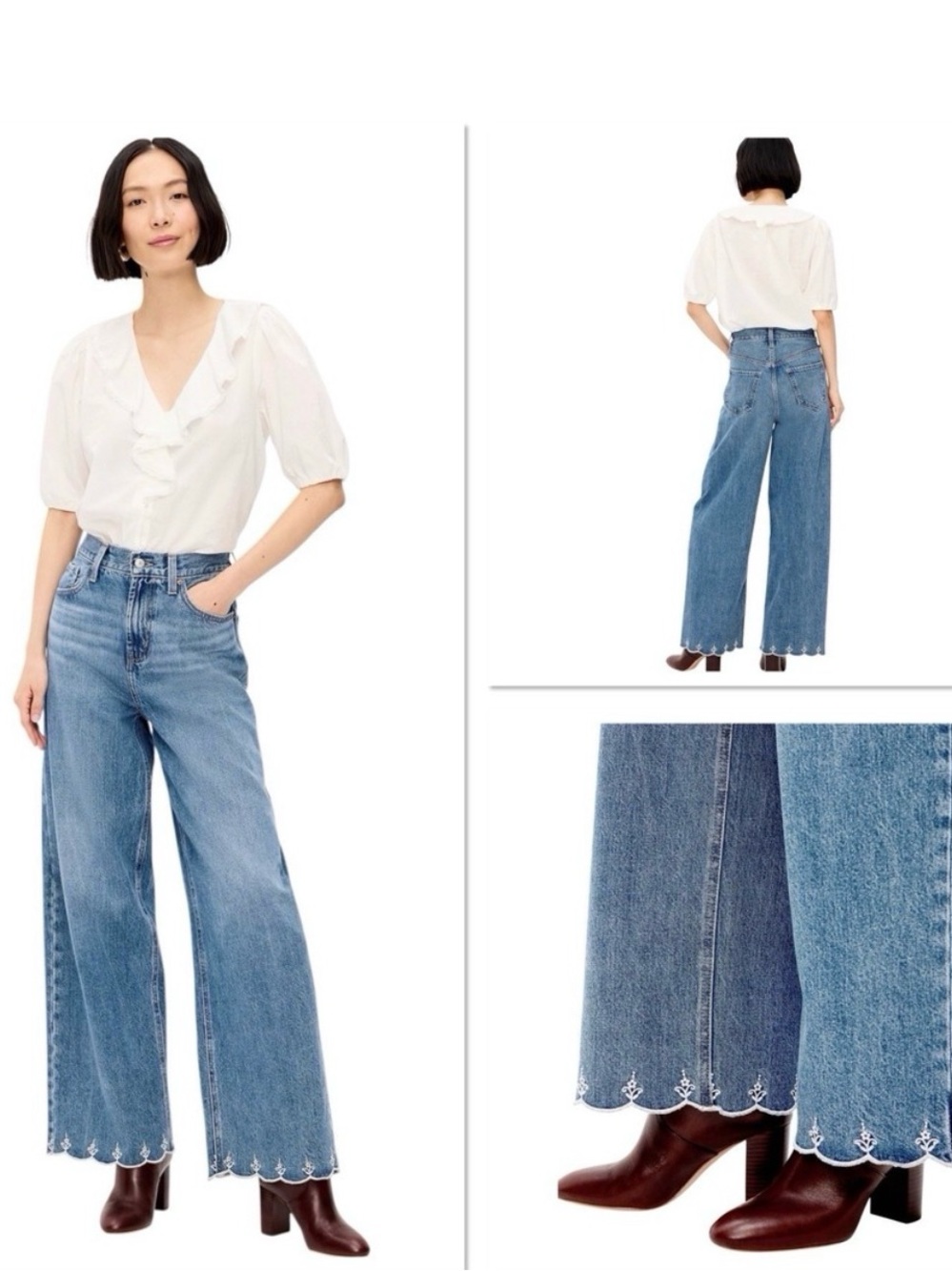 Old Navy Light Blue Denim Wide-Leg Jeans with Scalloped Embroidered Hem